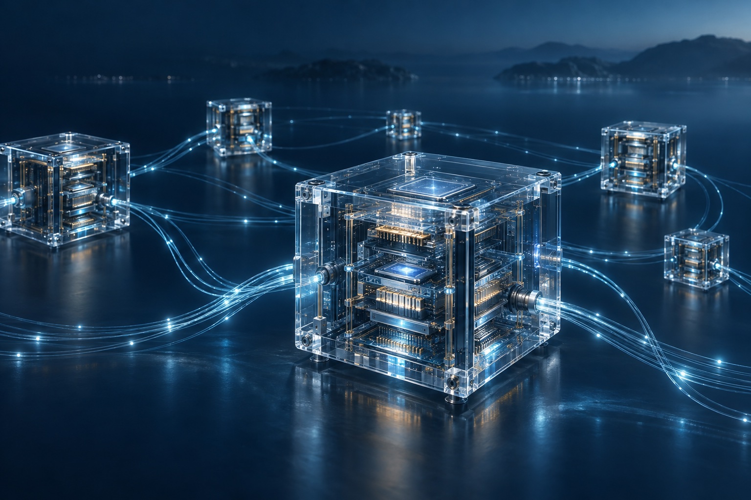 AI-generated concept of distributed glass computing nodes and connected data paths