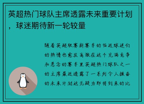 英超热门球队主席透露未来重要计划，球迷期待新一轮较量