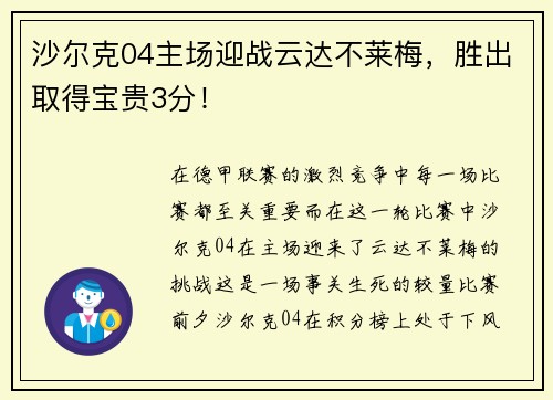 沙尔克04主场迎战云达不莱梅，胜出取得宝贵3分！